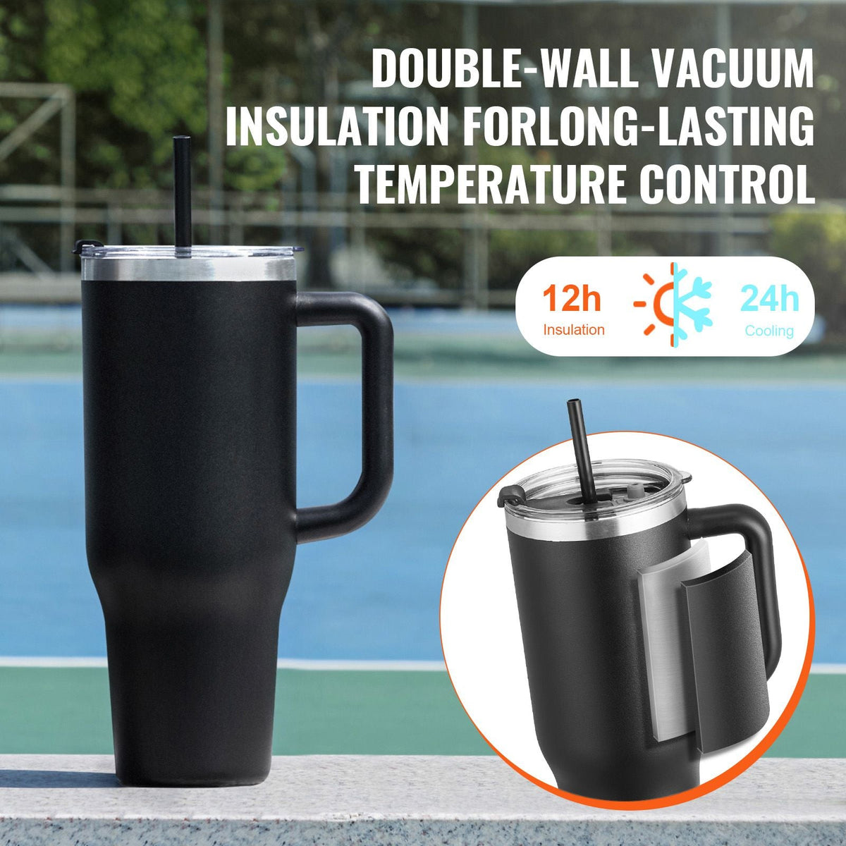 40 oz Insulated Water Bottle, Stainless Steel Sports Coffee Cup with Lid, Handheld Travel Coffee Mug Double Walled, Camping Hydration Flask Leakproof, for Indoor/Outdoor School, Work, Black