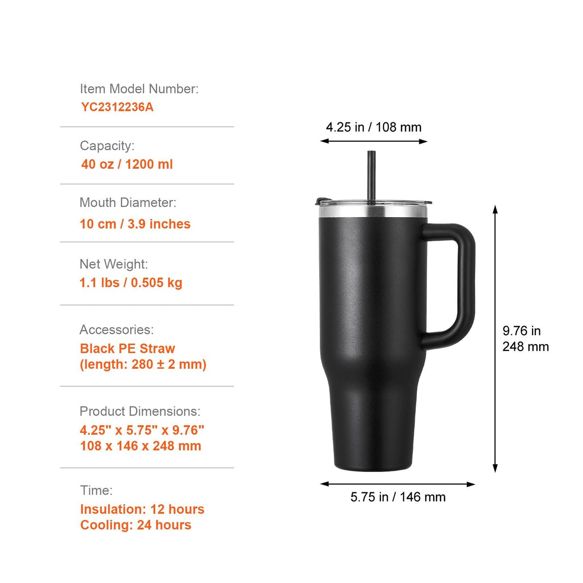 40 oz Insulated Water Bottle, Stainless Steel Sports Coffee Cup with Lid, Handheld Travel Coffee Mug Double Walled, Camping Hydration Flask Leakproof, for Indoor/Outdoor School, Work, Black