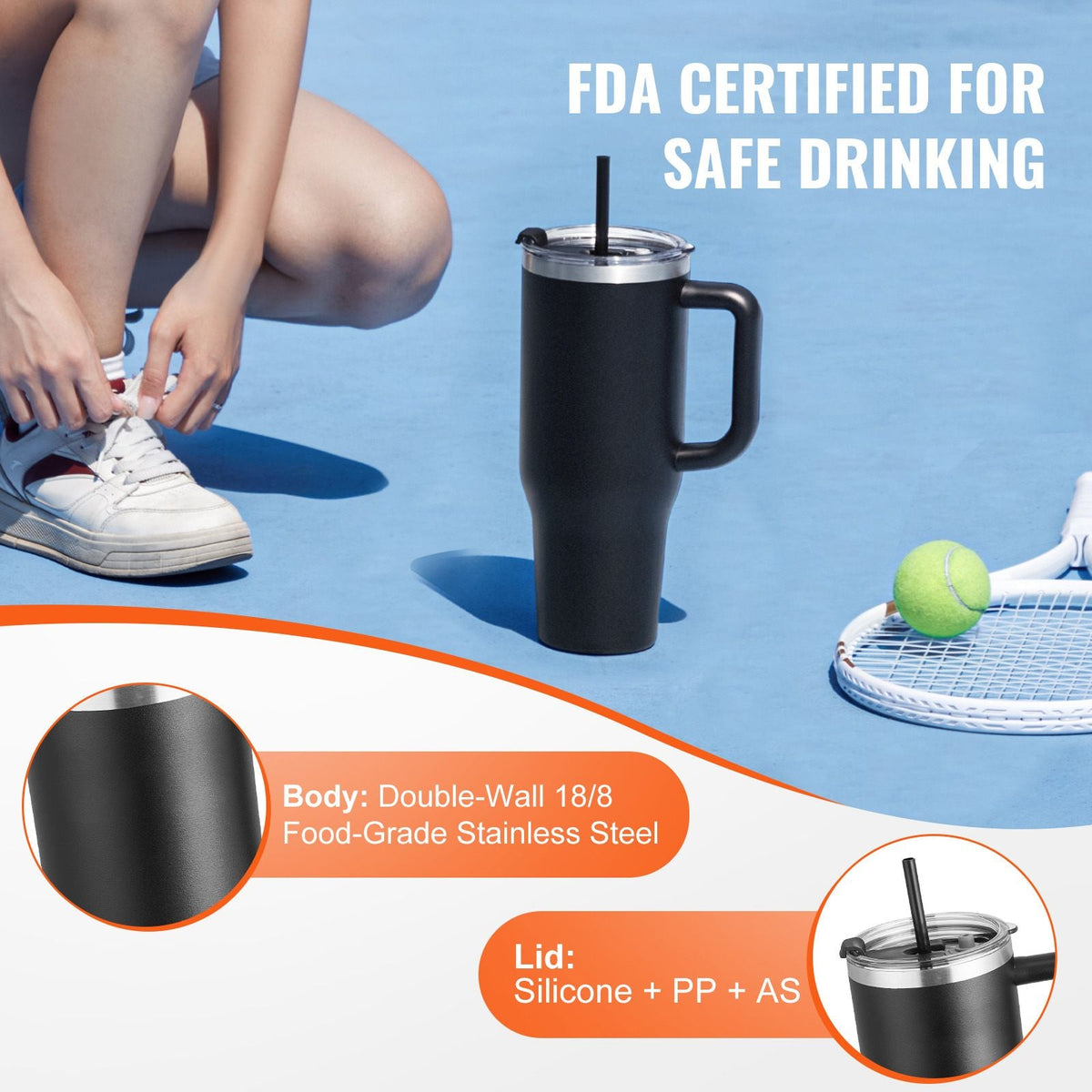 40 oz Insulated Water Bottle, Stainless Steel Sports Coffee Cup with Lid, Handheld Travel Coffee Mug Double Walled, Camping Hydration Flask Leakproof, for Indoor/Outdoor School, Work, Black