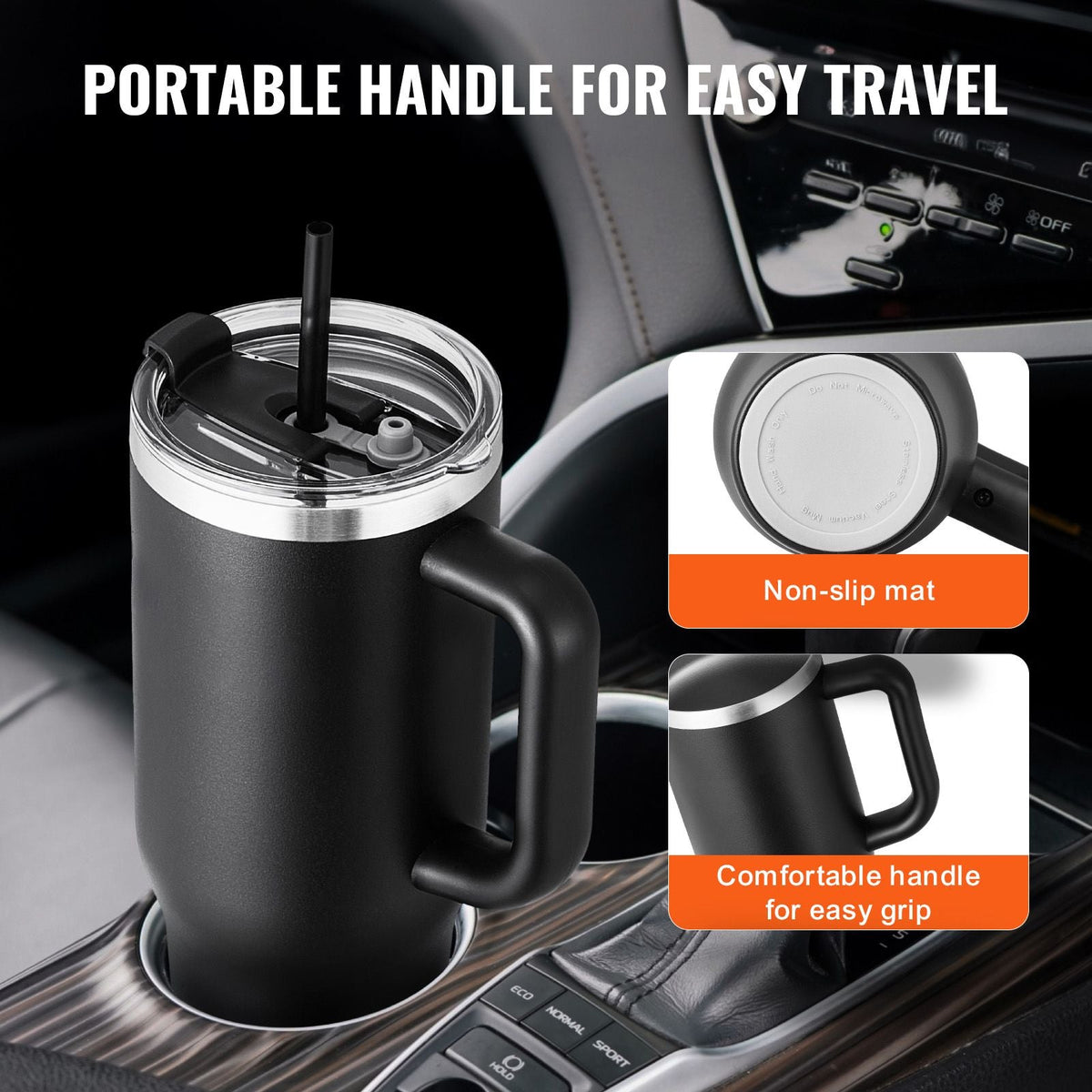 40 oz Insulated Water Bottle, Stainless Steel Sports Coffee Cup with Lid, Handheld Travel Coffee Mug Double Walled, Camping Hydration Flask Leakproof, for Indoor/Outdoor School, Work, Black