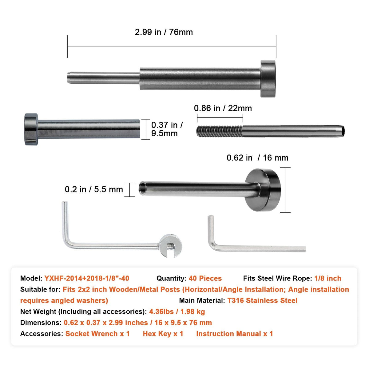 40 Pack Invisible Cable Railing kit, T316 Stainless Steel 1/8" Invisible Receiver and Swage Stud End for Cable Railing, Swage Tensioner 1/8" for Wood/Metal Post, Cable Railing Hardware, Black