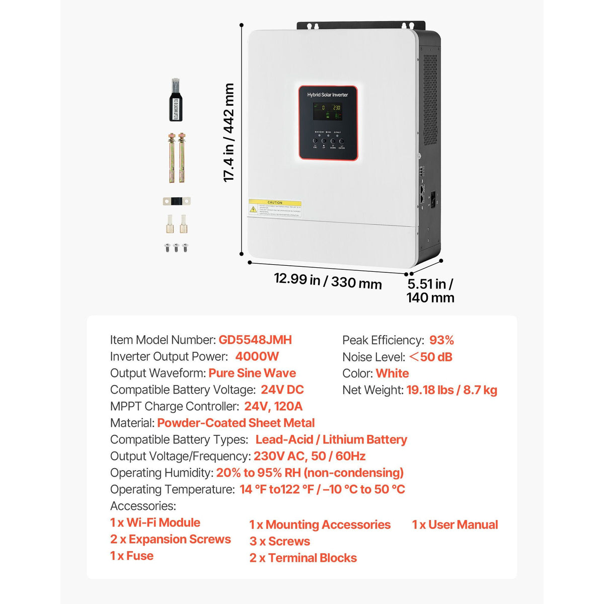 4000W Hybrid Solar Inverter, 24V DC to 230V AC, Pure Sine Wave Power Inverter Charger, with Built-in 120A MPPT Solar Controller, WiFi Module, Single-Phase, for Lead Acid Lithium Battery Off-Grid