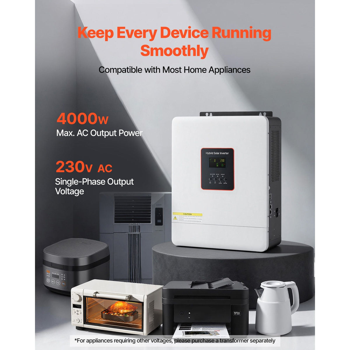 4000W Hybrid Solar Inverter, 24V DC to 230V AC, Pure Sine Wave Power Inverter Charger, with Built-in 120A MPPT Solar Controller, WiFi Module, Single-Phase, for Lead Acid Lithium Battery Off-Grid