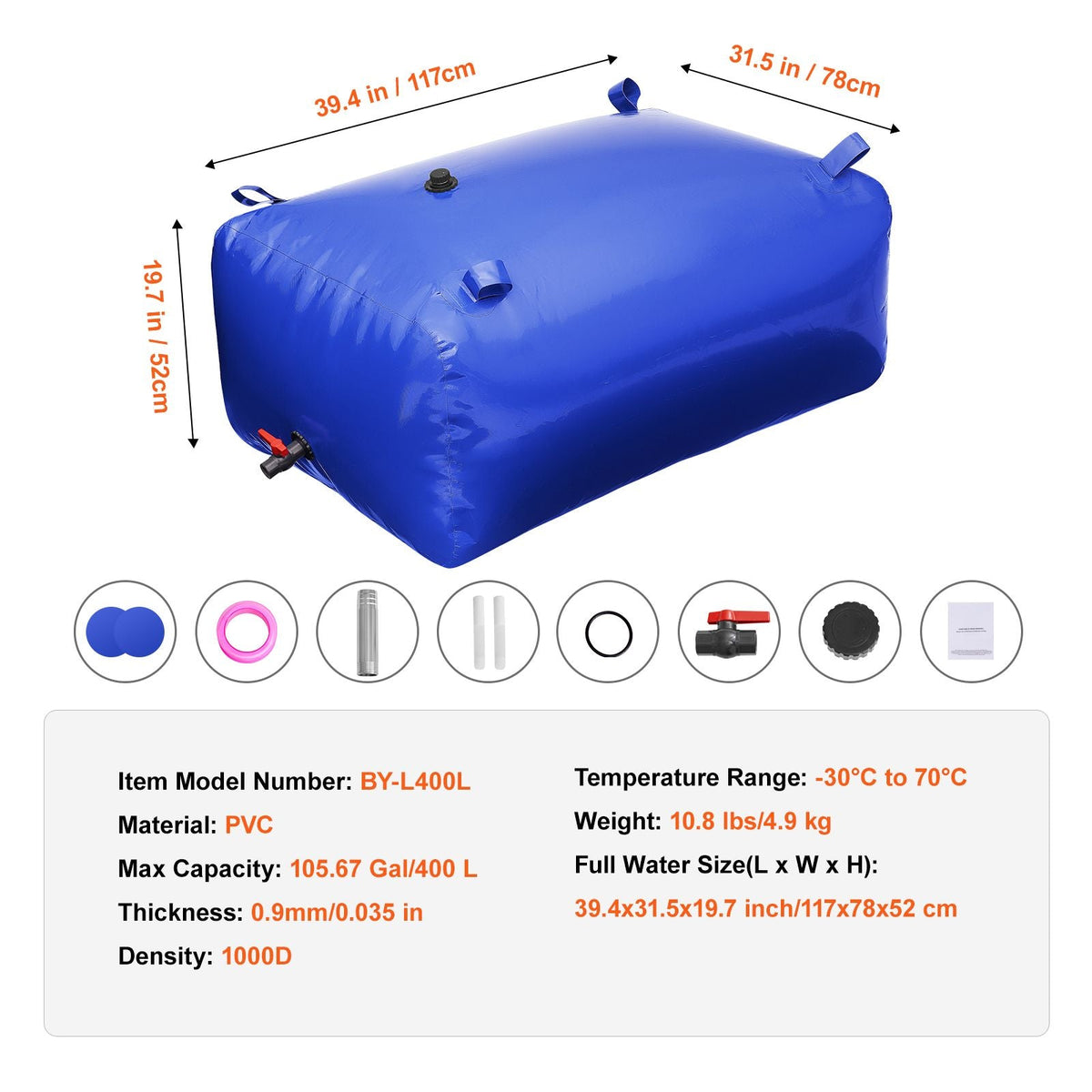 400L/105.7 Gallon Water Storage Bladder, RV Water Tank, 1000D Blue PVC Collapsible Water Storage Containers, Large Capacity Soft Water Bag, Portable Water Bladder, Fire Prevention, Camping