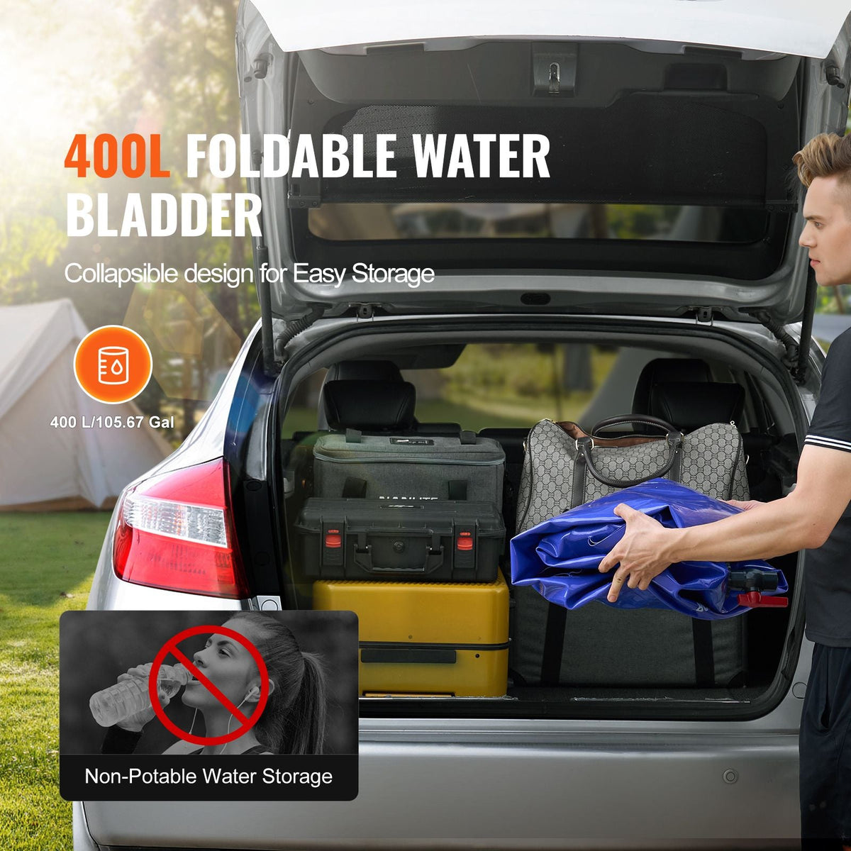 400L/105.7 Gallon Water Storage Bladder, RV Water Tank, 1000D Blue PVC Collapsible Water Storage Containers, Large Capacity Soft Water Bag, Portable Water Bladder, Fire Prevention, Camping