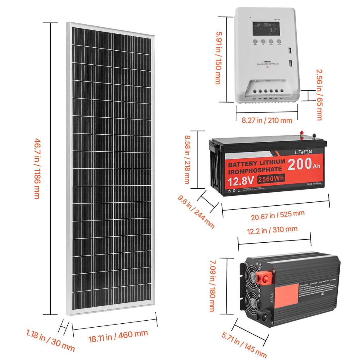400W 12V Complete Solar Power Kit, 4PCS 100W Monocrystalline Solar Panels + 12.8V 200Ah LiFePO4 Battery + 40A MPPT Charge Controller + 2000W Power Inverter for RV Home Camping Boats Off-Grid