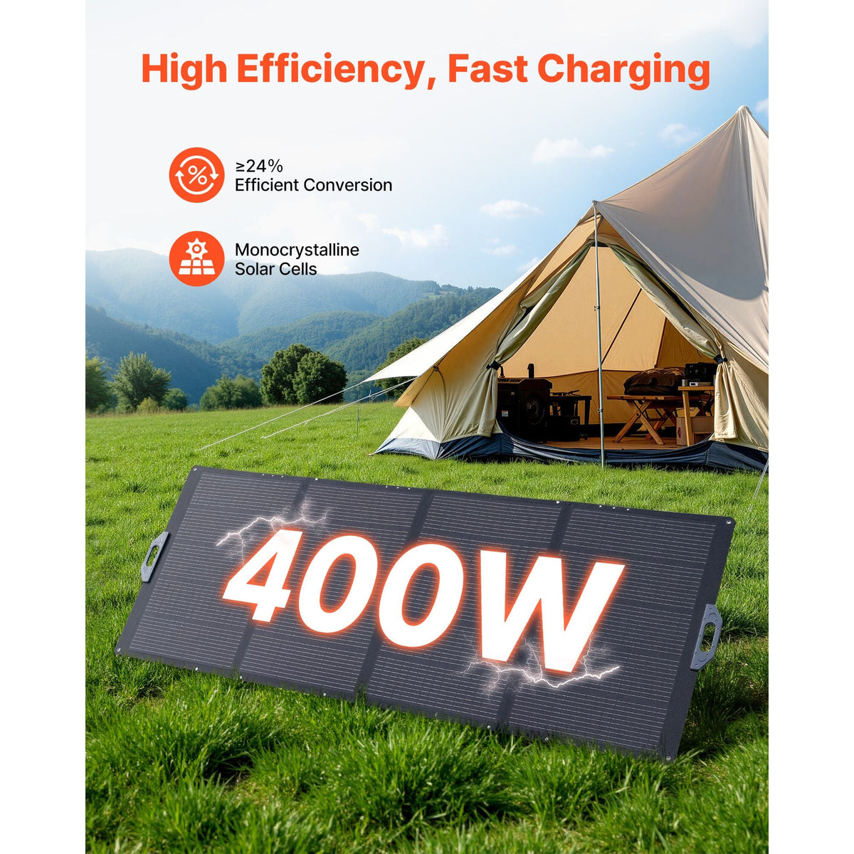 400W Foldable Solar Panel, 24% High-Efficiency Portable Monocrystalline Solar Panel Charger with MC4 Output & 10-in-1 DC Adapter, IP67 Waterproof for Power Stations, Camping, Hiking Trips