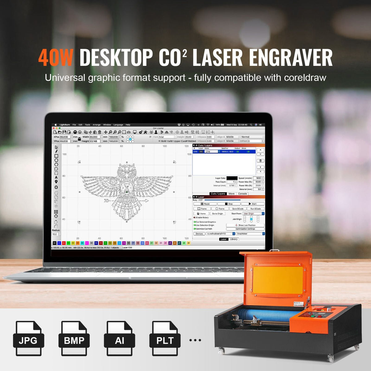 40W Desktop CO2 Laser Engraver, 12 x 8 in, 11.8 IPS Laser Cutter Machine with Water-Cooled Laser Tube, Compatible with CorelDRAW, Windows XP 7 8 10, EMF, JPG, PLT, WMF, for Wood Acrylic Fabric