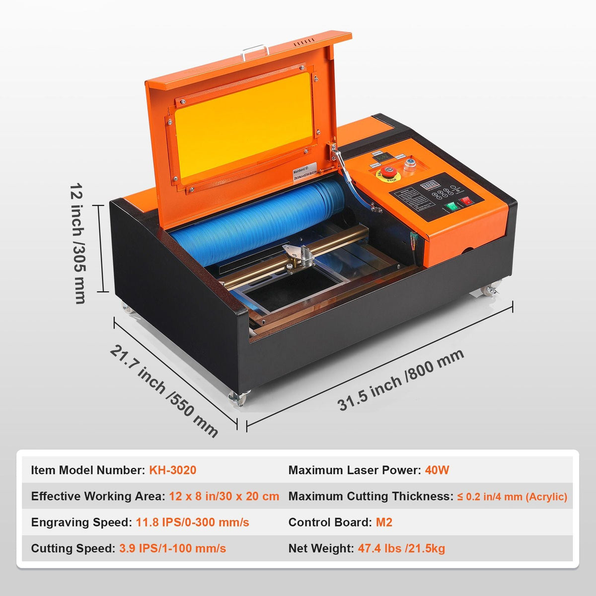 40W Desktop CO2 Laser Engraver, 12 x 8 in, 11.8 IPS Laser Cutter Machine with Water-Cooled Laser Tube, Compatible with CorelDRAW, Windows XP 7 8 10, EMF, JPG, PLT, WMF, for Wood Acrylic Fabric
