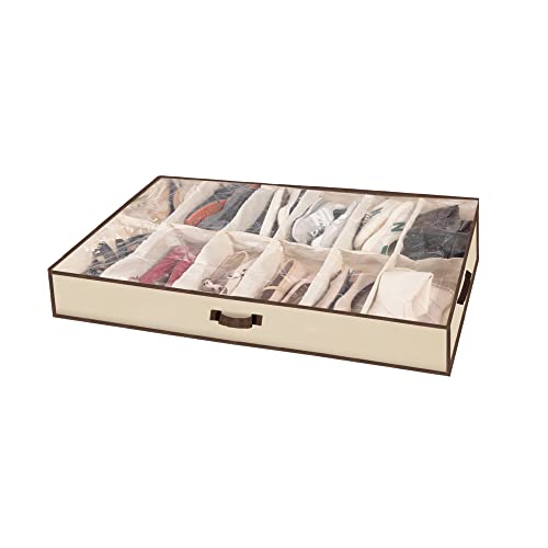 Men/Adults 12 Cells See Through Underbed Shoe Storage Bag Organizer with black and white flower (beige) - color: beige