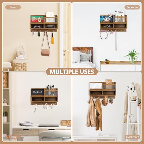 Key Holder Wall Mount, Wooden Mail and Key Organizer with Chalkboard and Mirror, 3 Greeting Cards, 8 Hooks, Brown - color: Brown