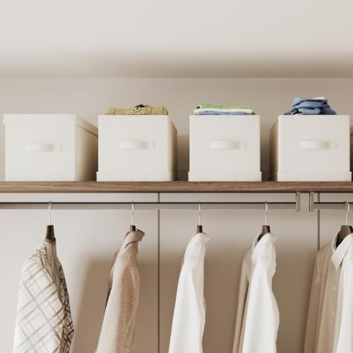 Small Fabric Storage Bins with Lids 12.6*9.5*7 in, 2-Pack Storage Baskets for Closet, Large Linen Organizers and Storage Bins for Bedroom, Collapsible Baskets and Bins with Handles, Off White - size: M