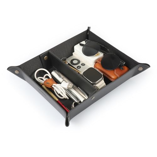 Londo Leather Tray Organizer - Practical Lightweight Water Resistant Computer Table Desk Storage Box for Wallets, Watches, Keys, Coins, Cell Phones and Office Equipment - color: Black Lining