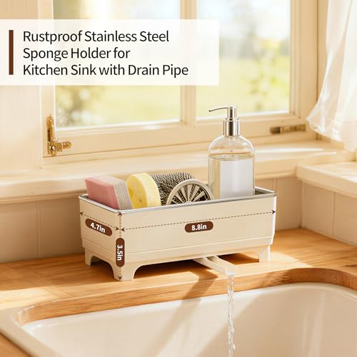 Sponge Holder for Kitchen Sink – Rustproof Stainless Steel, 360° Rotating Drain Pipe, Large Counter Organizer with Drip Tray for Sponges, Brushes & Dish Cloths Off-white - color: Off-White 1