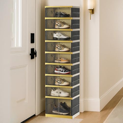 SYNCVIBE Shoe Rack Organizer for Closet Entryway Foldable Sneaker Storage Shoe, Collapsible Shoe Cabinet, Stackable Shoe Storage Cabinet with Lids for Living Room (9 Tiers -18 Pairs Black Gold) - size: 9 Tiers -18 Pairs Black Gold