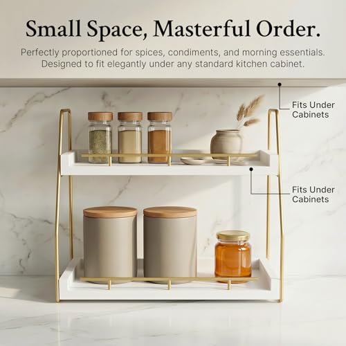Mustry Bathroom Countertop Organizer, 2-Tier Makeup Organizer for Vanity, Wooden Shelf with Gold Metal Frame for Skincare, Perfume & Decor (White&Gold)