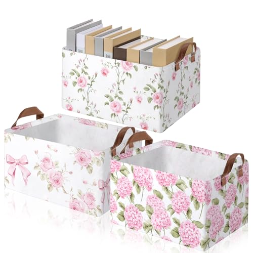 Boao 3 Pcs Pink Hydrangea Foldable Storage Baskets Pink Flower Laundry Basket with Handles Waterproof Storage Bins Fabric Shelf Baskets for Organizing Closet Clothes - style: Pink Floral