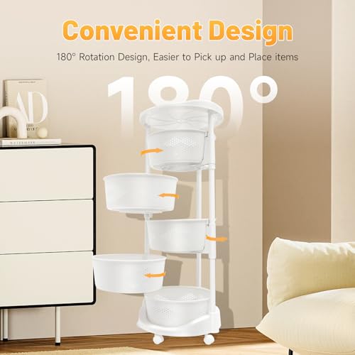 Multi-Layer Vegetable Rotating Basket Rack, Fruit Snack Storage Kitchen Organizer, White Storage Cart, Fruit Basket for Kitchen with 5 Lockable Casters, Vegetable Rack (5 Tiers) - size: 5 Tiers