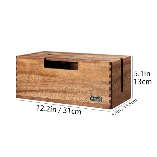 Cable Management Box, Acacia Wood Cord Hider Organizer for Power Strips, TV, Desk & Floor Wires, Under Desk Cable Storage Box for Office & Home