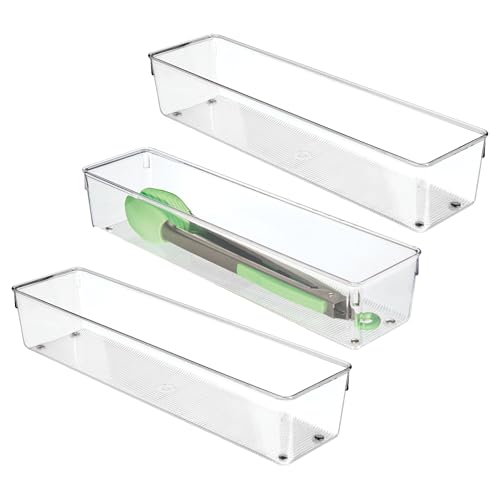 iDesign Plastic Drawer Organizer Bins - Storage for Kitchen, Bathroom, and Desk Drawers - Set of 3 - Clear - size: 4 x 16 x 3, style: Pack of 3
