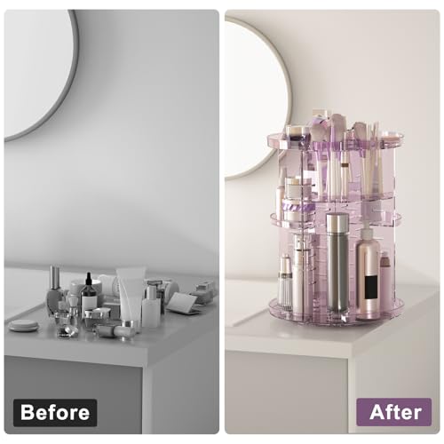 Rotating Makeup Organizer, DIY 8 Adjustable Layers Spinning Skincare Storage, Cosmetic Display Case with Brush Holder and Perfume Tray, Multi-Function Vanity Bathroom Countertop Organizer Clear Purple - color: Clear Purple