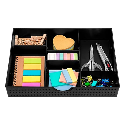 CAXXA 3 Slot Drawer Organizer with 4 Adjustable Dividers - Junk Drawer Storage for Office Desk Supplies and Accessories, Black (1 Pack)