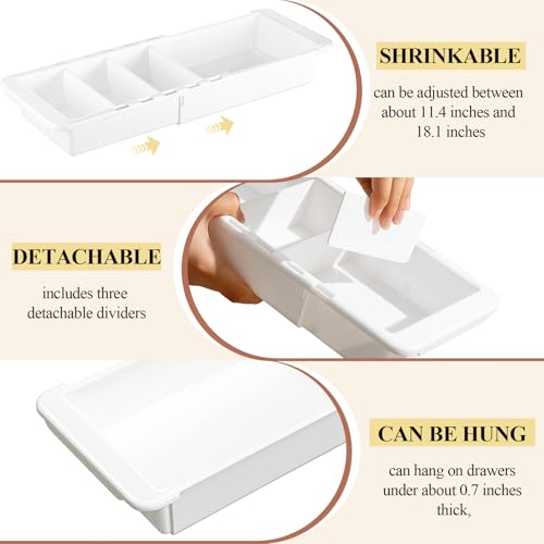 2 Pcs Expandable Drawer Organizer Bins Adjustable Deep Drawer Hanging Organizer Tray Expandable 11.4 to 18.1 Inches Plastic Dividers Storage for Office Bathroom Bedroom Kitchen Desk, White