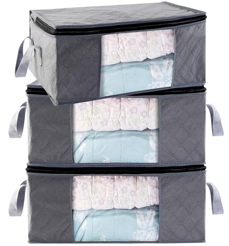 Storage Clothes Bins Closet Bags - 35L Containers Organizer Boxes Clothing Bin Organization for Organizing Blanket Pillow Sheet Sweater, Foldable Bedroom Small Storage Totes With Lids Zipper, 3pc Pack