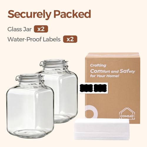 ComSaf 1.1 Gallon (4L) Square Glass Jars 2-Pack - Large Airtight Food Storage Canisters with Clamp Lids for Bulk Flour, Rice, Sugar, Coffee Beans, Fermentation, Pickling, Farmhouse Pantry Organization - size: 1.1 Gal*2