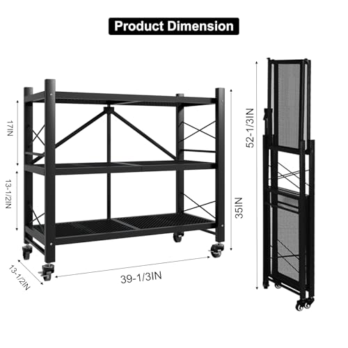 Grezone Foldable Shelves 3 Tier Heavy Duty Metal Storage Shelves with Wheels - No Assembly Collapsible Shelving Unit for Kitchen Garage Hold up to 750 lbs - size: 39‘’W x 13.5''D x 39''H