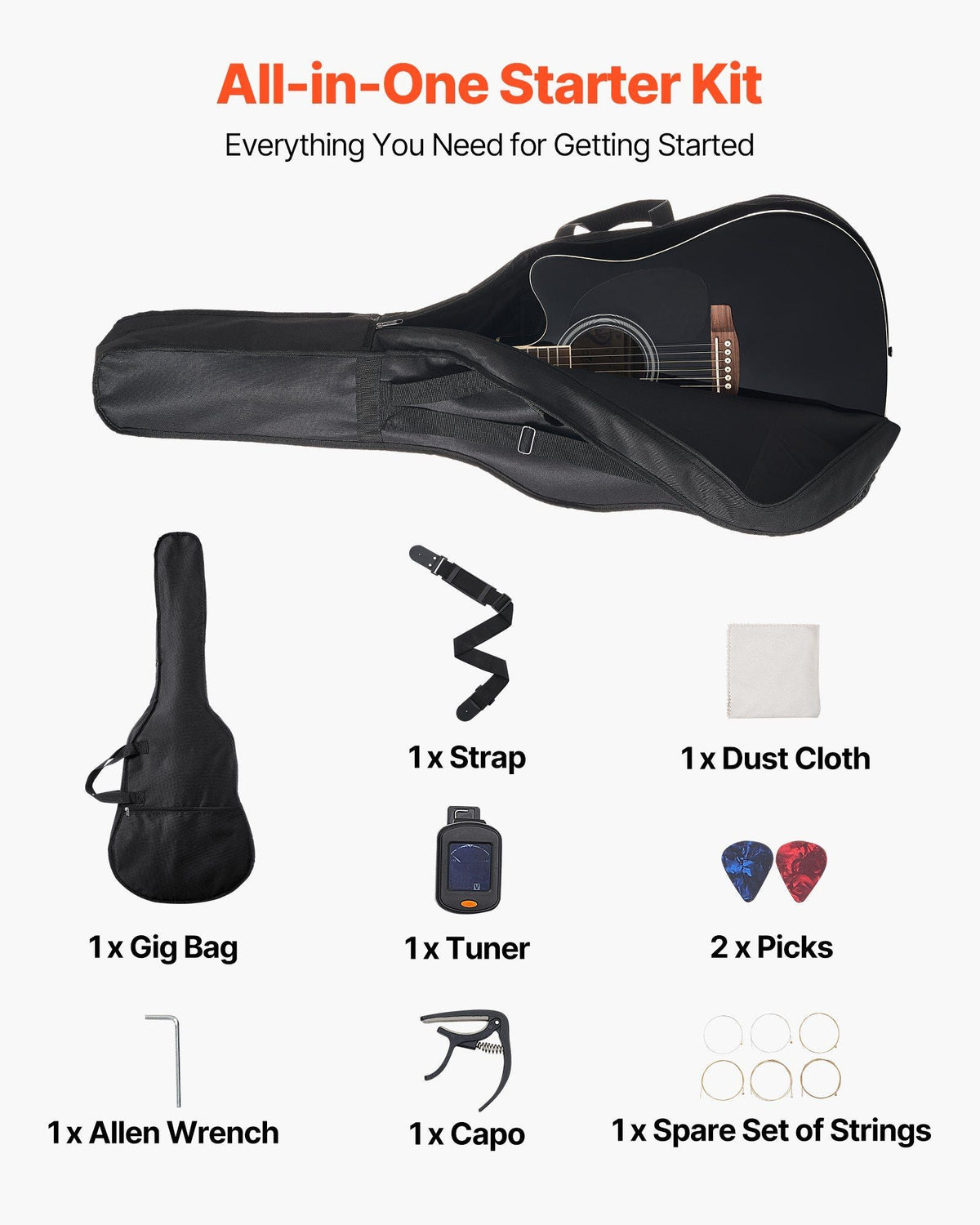 41 in Cutway Acoustic Guitar Beginner Bundle with Gig Bag for Adult Solo Black