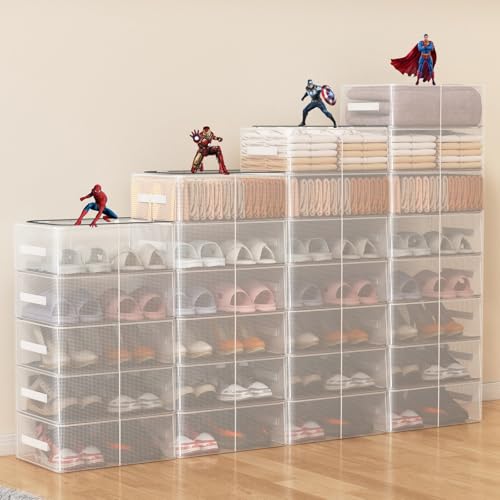 Stackable Shoe Boxes with Clear Lids, 15.8-Inch Boot Storage Bins with Handles for Bedroom Dormitory Under-Bed (3 Pack, 19Qt, 15.8x11.8x6in) - style: 3 Pack