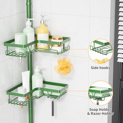 KEGII Shower Caddy Tension Pole, 4-Tier Rustproof Adjustable Corner Bathroom Organizer for Renters, 25–114.2 Inch No Drill Space-Saving Shower Storage Rack, Emerald Green - style: Tension Caddy - Emerald Green