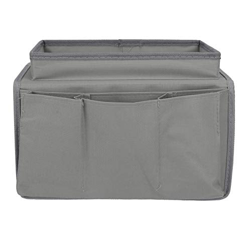 IPENNY Couch Sofa Armrest Organiser with Cup Holder Tray Chair TV Remote Holder Bedside Storage Pocket Bag for Cellphone Tablet Notepad Book Magazines DVD Eyewears Drinker Snacks Pouch - color: Grey (With Top Tray)