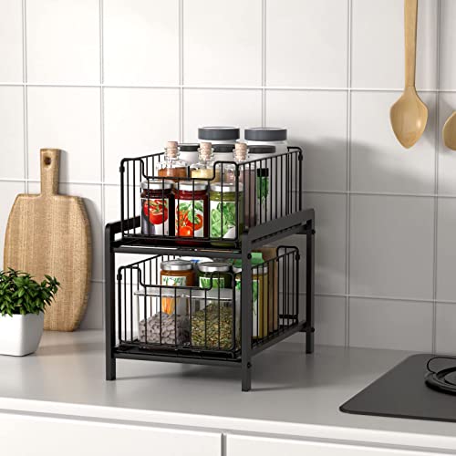 NPPLUS 2-Tier Under Sink Organzier: Iron Under Sink Cabinet Organizers With Sliding Drawer - Pull Out Home Storage For Bathroom Kitchen Desktop (Black)
