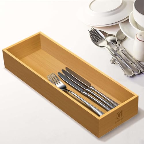 guiogc Bamboo Drawer Silverware Organizer, Silverware Tray, Flatware Organizer, Bamboo Storage Box Suitable for Office, Bathroom and other objects storage (14.2"x5"x2"-Set of 2) - size: 14.2" x 5" x 2"