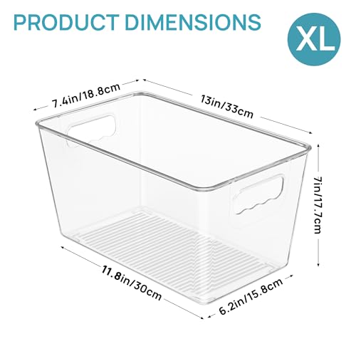 Vtopmart 6 PCS Clear Plastic Storage Bins, Pantry Organizer Containers with Handle for Refrigerator, Fridge, Cabinet, Kitchen, Countertops, Cupboard, Home Organization and Storage, XL - size: XL(13”L x 7.4”W x 7”H)