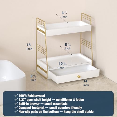 Bathroom Counter Organizer with Drawer, Slim 2-Tier Vanity Countertop Storage Shelf for Skincare, Toiletries & Small Essentials (White) - color: White