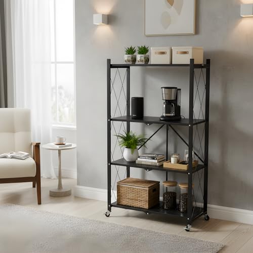 4 Tier Foldable Storage Shelf with Wheels, Collapsible Metal Rack Shelving Unit, No Assembly Required, Rolling Cart Shelf Rack Organizer for Books, Garage, Kitchen, Closet, Pantry, Exhibition, Black - size: 4-Tier