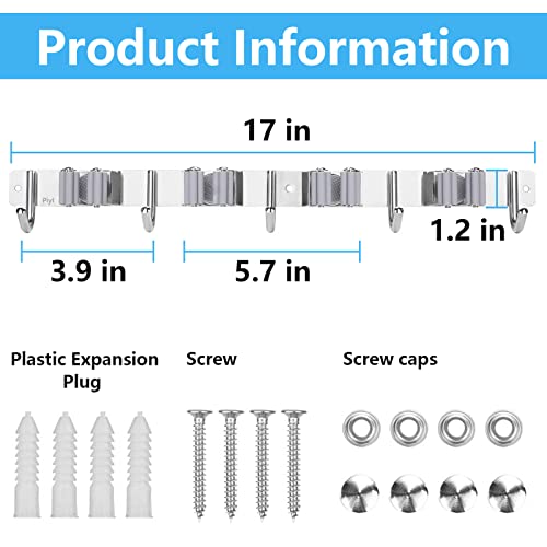 Broom Mop Holder Wall Mount Broom Hanger Wall Mounted Metal Organization Garage Storage Garden Kitchen Tool Organizer With 4 Racks and 5 Hooks (Silver, 1 Pack 4R5H) - size: 1 Pack 4R5H