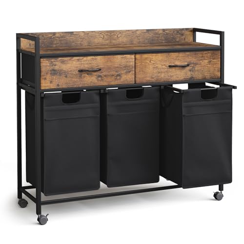 Mondeer Laundry Sorter with 2 Drawers, 150L with Pull-Out Removable Laundry Bags, Laundry Hamper Baskets with 3 Section and Wheels, Rustic Brown and Black - size: 3 Drawers