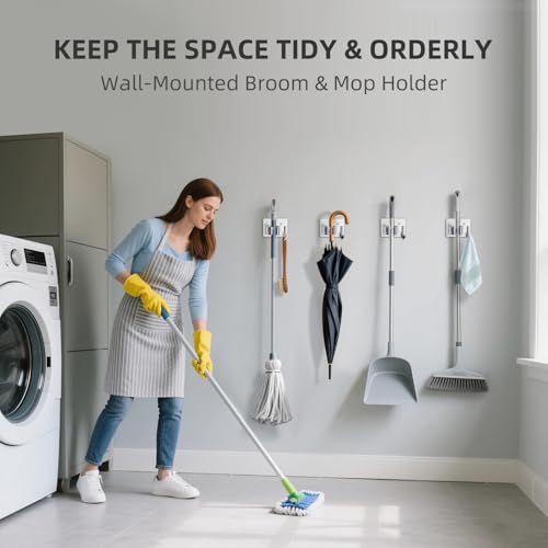 Broom Holder Wall Mount with Screws (4 Pack) Broom and Mop Organizer Wall Hanging, Anti-Slip Mop Holder Broom Hanger with Hooks, Stainless Steel Tool Rack for Garden Garage Organization - color: Silver