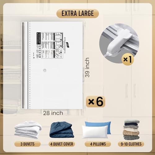 TAILI 6 Pack Vacuum Storage Bags, LONG SIDE ZIP (39x28 inch), Vacuum Seal Bags for Clothing, Jumbo Storage Space Saver for Beddings, Comforters, Blanket, Pillows and Clothes - size: 6 Jumbo