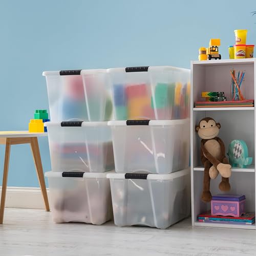 IRIS USA 40 Qt Stackable Plastic Storage Bins with Lids, 6 Pack - BPA-Free, Made in USA - Discreet Organizing Solution, Latches, Durable Nestable Containers, Secure Pull Handle - Pearl - size: 40 Qt, style: 6 Pack