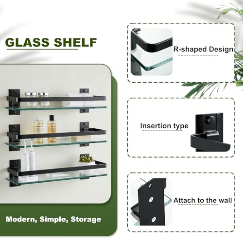 AIJALY 3 Pack Bathroom Glass Shelf,Aluminum Tempered Glass 0.3in Extra Thick Rectangular 1 Tier Storage Organizer Wall Mount,Black 15.7in - color: Black 3 Pack