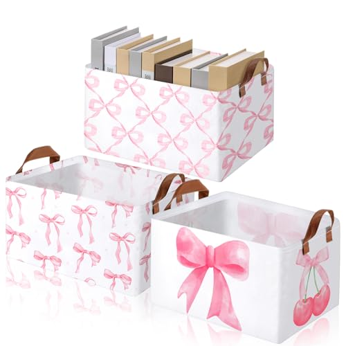Boao 3 Pcs Coquette Pink Bow Storage Bin Collapsible Large Storage Baskets for Gifts Empty Candy Holiday Decor Canvas Laundry Basket Foldable Box with Handle for Office Home Bedroom Clothes - style: Bow and Cherry