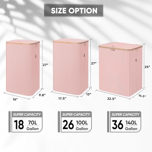 BALEINE Laundry Hamper with Lid, Tall Laundry Baskets with Bamboo Pull Handles, Large Laundry Bin with Internal Support (26 Gal/100L, Pink) - color: Pink, size: 100 liters