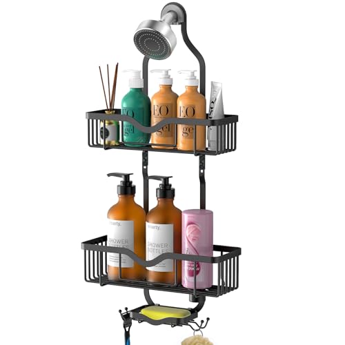 Kadolina Shower Caddy Hanging, Bathroom Organizer Rack, Shower Rack with Soap Dish, Over The Showerhead Caddy with Hooks for Razor/Sponge, Matte Black (Assembly Required) - color: Matte Black