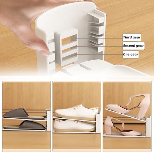 Shoe Slots Organizer, Adjustable Shoe Stacker Space Saver, 3Levels Adjustable - color: White