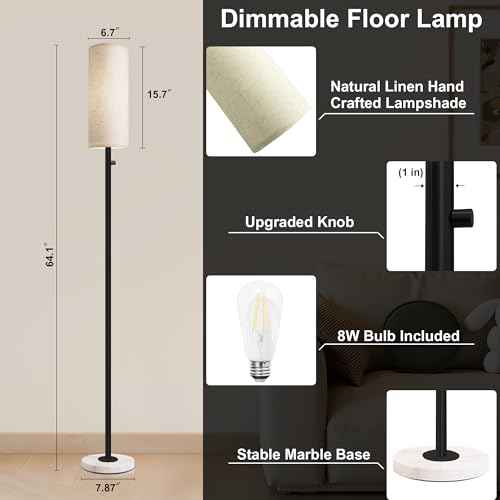 Floor Lamp for Living Room,Dimmable Floor Lamp with LED Bulb,Modern Standing Lamp with Marble Base,Tall Standing Lamps for Living Room,Bedroom,Office,Reading and Nursery(Black)